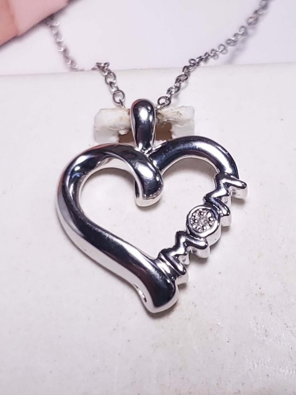 Estate .01ct Natural Diamond Open Heart MOM Sterling Silver 18" Necklace #24368